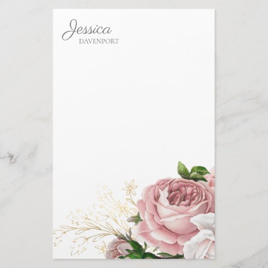 Blush Roze  Waterverf Floral Briefpapier (Voorkant)