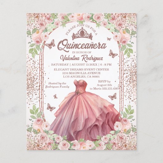 Blush Roze Waterverf Floral Glitter Quinceanera Flyer (Voorkant)