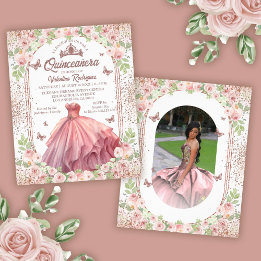 Blush Roze Waterverf Floral Glitter Quinceanera Flyer