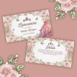 Blush Roze Waterverf Floral Glitter Quinceanera Informatiekaartje
