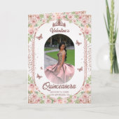 Blush Roze Waterverf Floral Glitter Quinceanera Programma (Voorkant)