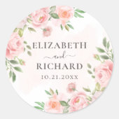 Blush roze Waterverf Floral Greenery Wedding Ronde Sticker (Voorkant)