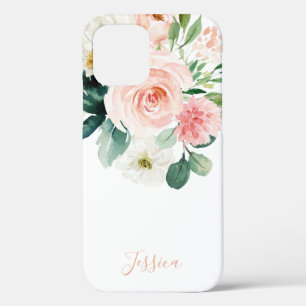 Blush roze Waterverf Floral met Jouw naam iPhone 12 Hoesje