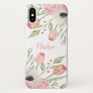 Blush Roze Waterverf Floral Monogram iPhone X Hoesje