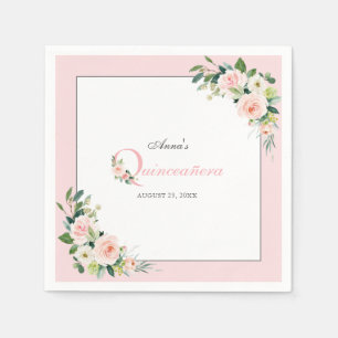 Blush Roze Waterverf Floral Quinceanera Birthday Servet