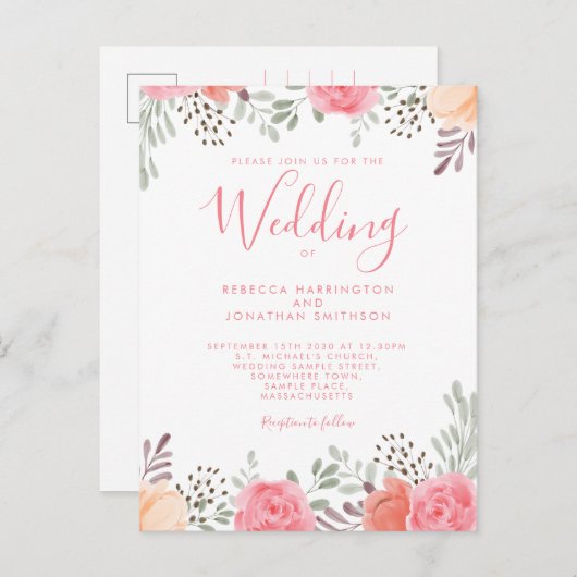 Blush roze Waterverf Floral Roos Weddenschap Uitno Briefkaart (Voorkant / Achterkant)