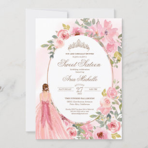 Blush Roze Waterverf Floral Sweet 16 Birthday Inv Kaart