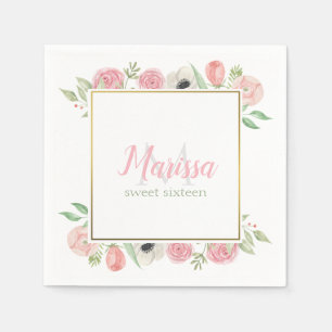 Blush Roze Waterverf Floral Sweet 16 Birthday Servet