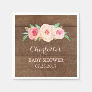 Blush Roze Waterverf Floral Wood Baby shower Servetten