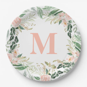 Blush roze waterverf florale monogram initiaal papieren bordje