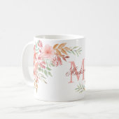 Blush roze Waterverf Flowers Aangepaste monogram n Koffiemok (Voorkant links)