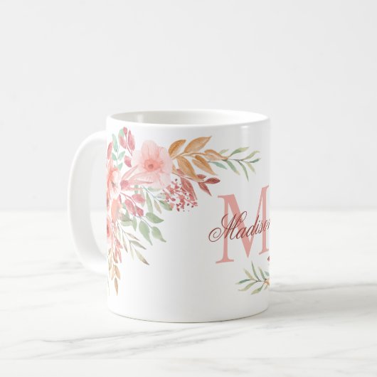 Blush roze Waterverf Flowers Aangepaste monogram n Koffiemok (Voorkant links)