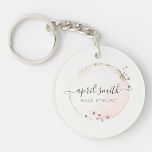 Blush Roze Waterverf Gold Circle Floral Wreator Sleutelhanger