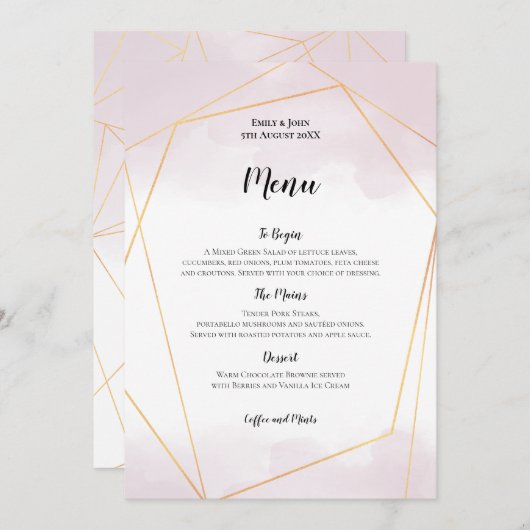 Blush Roze Waterverf Gouden Geometrische Bruiloft Menu (Voorkant / Achterkant)