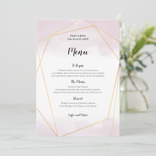 Blush Roze Waterverf Gouden Geometrische Bruiloft Menu (Staand voorkant)