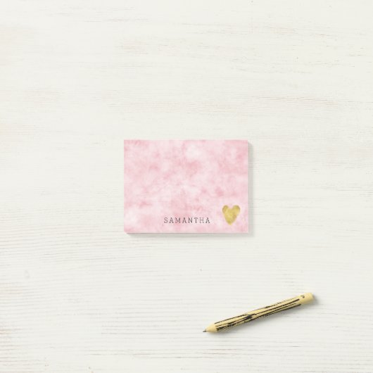 Blush Roze Waterverf Gouden Hart Post-it® Notes (Op bureau)
