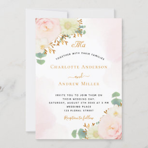 Blush roze waterverf goudmonogram bruiloft