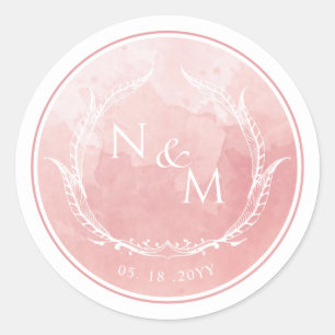Blush roze Waterverf monogram envelop Ronde Sticker