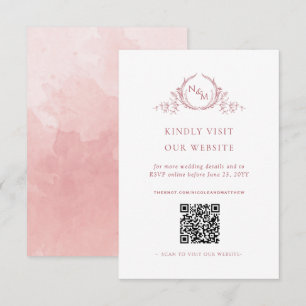 Blush Roze Waterverf Monogram QR Code/RSVP Online Informatiekaartje