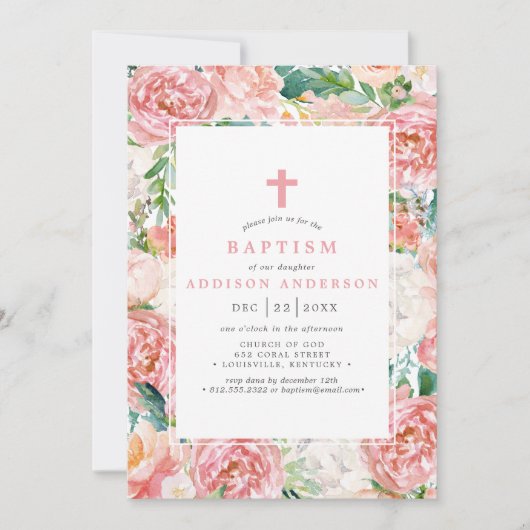 Blush roze Waterverf pioen Roos bloemendoop Kaart (Voorkant)