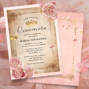 Blush Roze Waterverf Roos Gouden Quinceanera Kaart