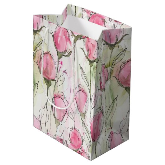 Blush Roze Waterverf Rosebuds Medium Cadeauzakje (Achterkant Gekanteld)