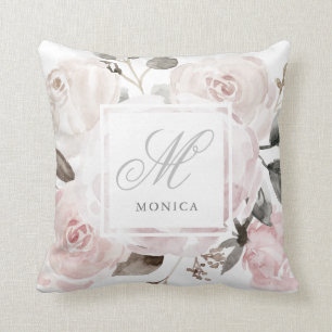 Blush Roze Waterverf Rozen Monogram Kussen