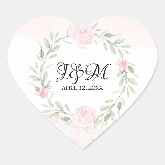 Blush Roze Waterverf Rozen Monogrammed Bruiloft Hart Sticker (Voorkant)