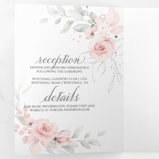 Blush roze Waterverf Rozen Sage Green Leaves Drieluik Uitnodiging (Binnenzijde eerst)
