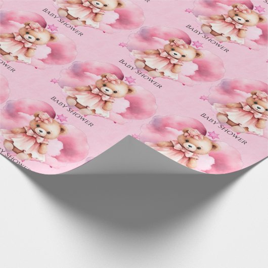 Blush Roze Waterverf Teddy Bear Meisje Baby shower Cadeaupapier (Hoek)