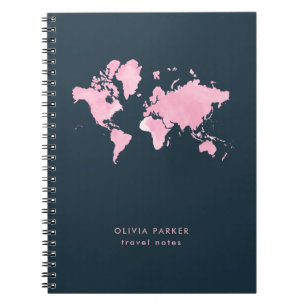 Blush roze Waterverf Wereldkaart op Navy Blue Notitieboek