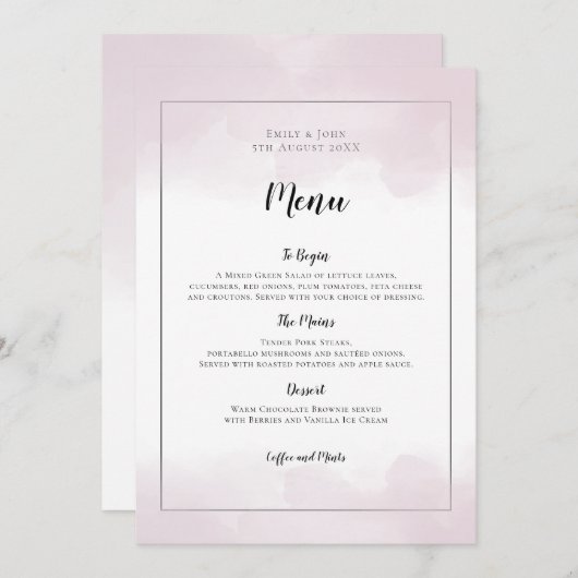 Blush Roze Waterverven Zwart Script Bruiloft Menu (Voorkant / Achterkant)