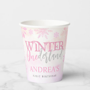 Blush Roze Winter Onederland Eerste Verjaardag Papieren Bekers