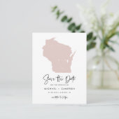 Blush Roze Wisconsin Map Modern Save the Date Aankondigingskaart (Staand voorkant)