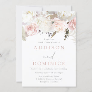 Blush Roze & Wit Bloemen Moderne Bruiloft Kaart