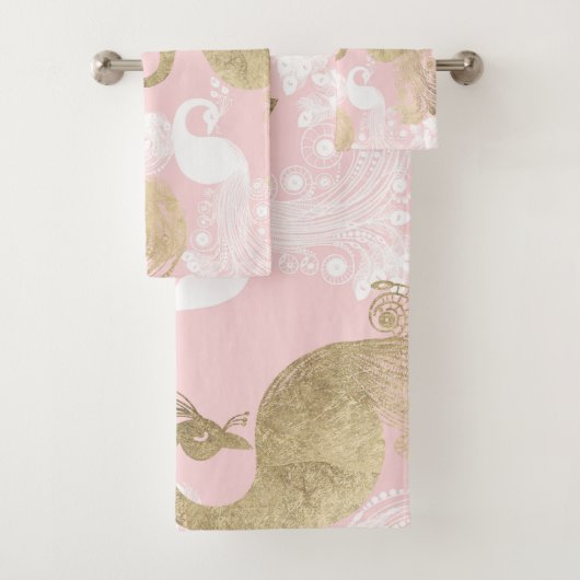 Blush roze wit goud koninklijke pauw vogel bad handdoek (Insitu)