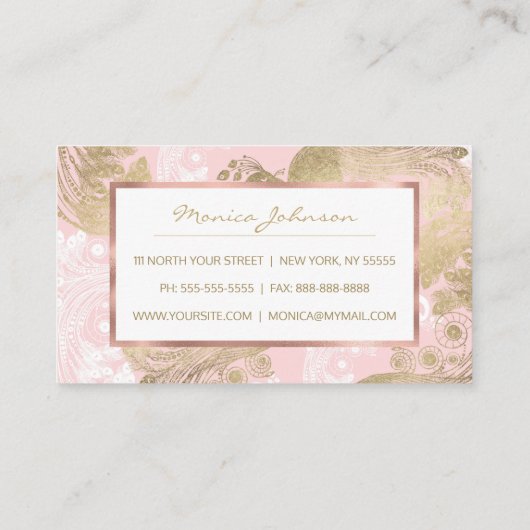 Blush roze wit goud koninklijke pauw vogel klantenkaartje (Achterkant)