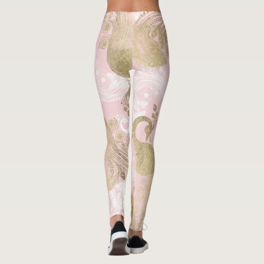 Blush roze wit goud koninklijke pauw vogel leggings (Achterkant)