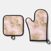 Blush roze wit goud koninklijke pauw vogel ovenwant & pannenlap set (Voorkant)