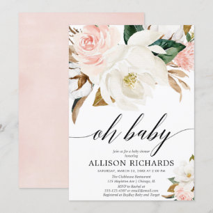 Blush roze witte bijtende magnolia baby kaart
