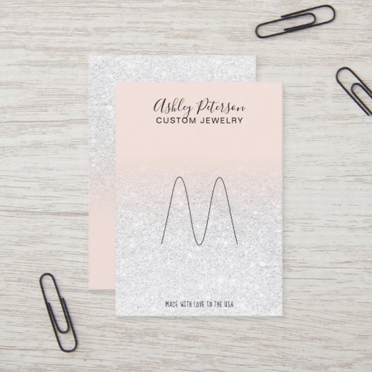 Blush roze witte glitter sieraden ring display visitekaartje (Voorkant / Achterkant in situ)