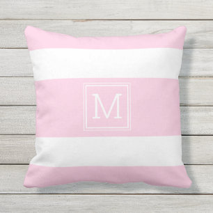 Blush roze, witte strepen Eenvoudig monogram op ma Buitenkussen
