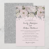  Blush Roze Zilveren Bloemen Huwelijksuitnodiging Kaart (Voorkant / Achterkant)