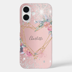 Blush roze zilveren glitter floral iPhone 16 hoesje