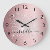 Blush roze zilveren glitter metal-stofnaamscript grote klok (Voorkant)