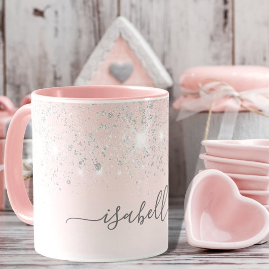 Blush roze zilveren sparkles naam script mok