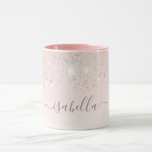 Blush roze zilveren sparkles naam script mok (Midden)