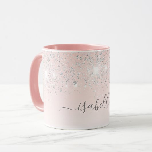 Blush roze zilveren sparkles naam script mok (Voorkant links)