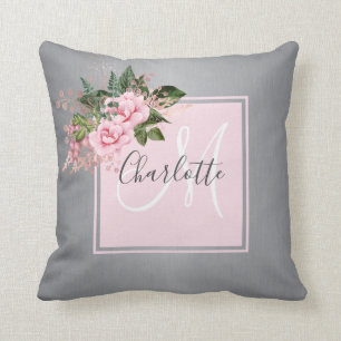 Blush roze zilverflorale monogram met kussen