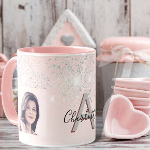 Blush roze zilverglitter fotomonogram mok